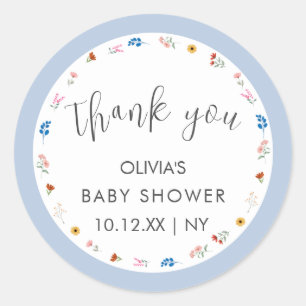Blue Simple Tiny Wildblume Baby Dusche Danke Runder Aufkleber