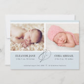 Blue Simple Twin Boys Foto Birth Ankündigung (Vorderseite)