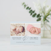 Blue Simple Twin Boys Foto Geburtsankündigung Postkarte (Stehend Vorderseite)