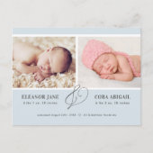 Blue Simple Twin Boys Foto Geburtsankündigung Postkarte (Vorderseite)