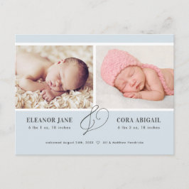 Blue Simple Twin Boys Foto Geburtsankündigung Postkarte