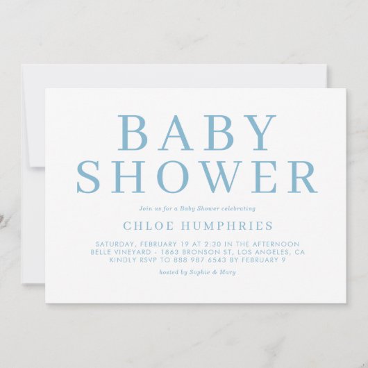 Blue Simple Typografy Stripes Boy Baby Shoounter Einladung (Vorderseite)