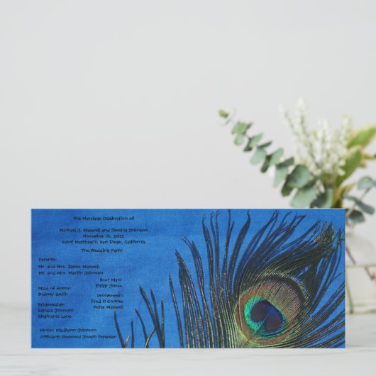 Blue Single Peacock Wedding Program Programm (Stehend Vorderseite)
