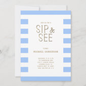 Blue Sip and See Striped Baby Boy Party Einladung (Vorderseite)