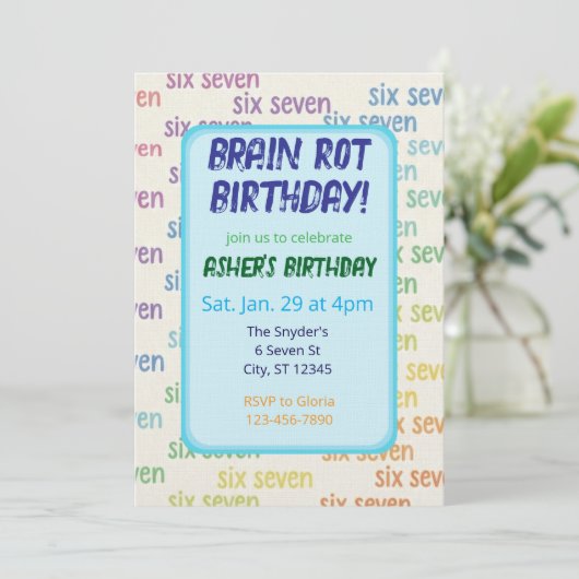 Blue Six Seven Brain Rot Birthday Einladung (Stehend Vorderseite)