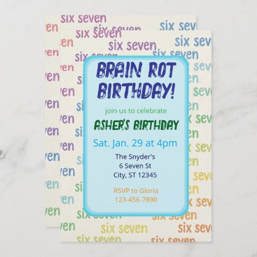 Blue Six Seven Brain Rot Birthday Einladung (Vorne/Hinten)