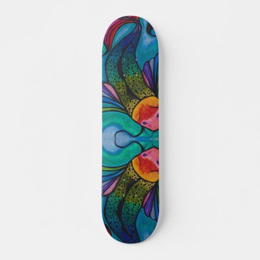 Blue Skateboard Deck mit Rainbow Koi Fish Design (Vorne)