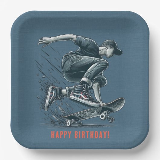 Blue Skateboarder Burnt Orange Happy Birthday Boy Pappteller (Vorderseite)