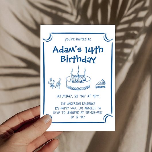 Blue Sketch Line Art Kids Birthday Party       Einladung