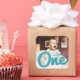 Blue Sketch One Boy Foto 1. Geburtstag Gastgeschen Quadratischer Aufkleber