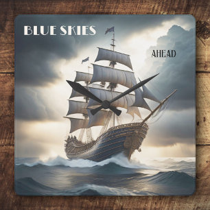 Blue Skies Ahead Antique Sailboat Quadratische Wanduhr