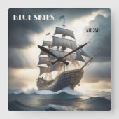 Blue Skies Ahead Antique Sailboat Quadratische Wanduhr (Vorderseite)