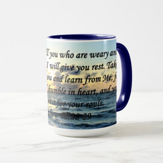 BLUE SKIES MATTHEW 11:28 SONNENRISE FOTO DESIGN TASSE (VorderseiteRechts)