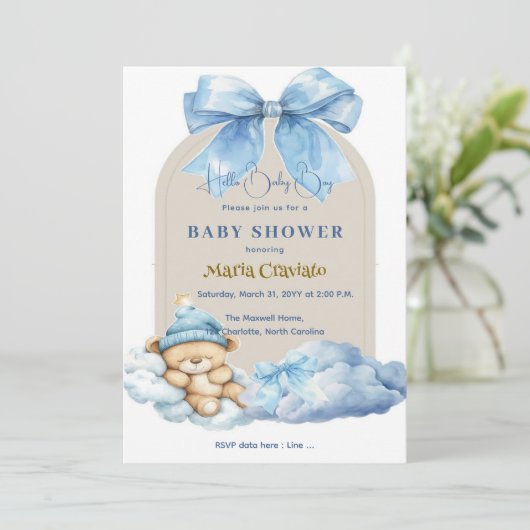 Blue Skies & Teddy Hugs Baby Shower Einladung (Stehend Vorderseite)