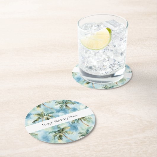 Blue Skies Tropical Island Palm Trees Birthday Runder Pappuntersetzer (Vor Ort)