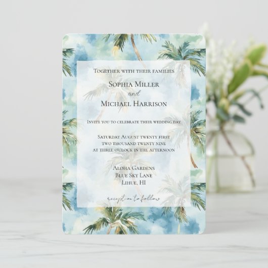 Blue Skies Tropical Island Palm Trees Wedding Einladung (Stehend Vorderseite)