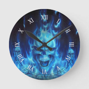 blue skull head with flames runde wanduhr