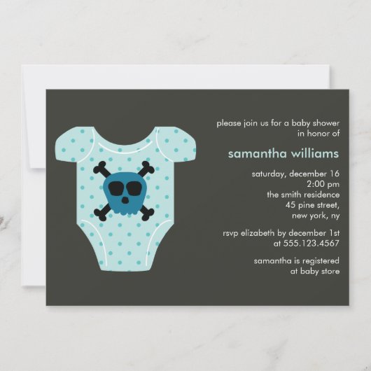 Blue Skull Outfit Boy Baby Dusche Einladung (Vorderseite)