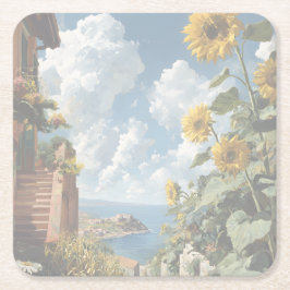 Blue sky and Sunflowers | Acrylic   Rechteckiger Pappuntersetzer