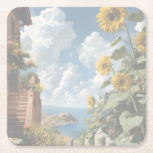 Blue sky and Sunflowers | Acrylic   Rechteckiger Pappuntersetzer (Vorderseite)