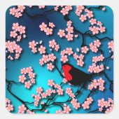 Blue Sky Bird Cherry Blossom Quadratischer Aufkleber (Vorderseite)