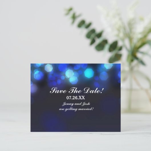 Blue Sky Bokeh Wedding Rett Date Postcard Ankündigungspostkarte (Stehend Vorderseite)