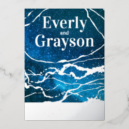 Blue Sky Galaxy Agate Marble Gold Wedding Folieneinladung