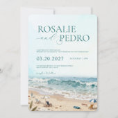 Blue Sky Summer Beach Watercolor QR Code Wedding Einladung (Vorderseite)