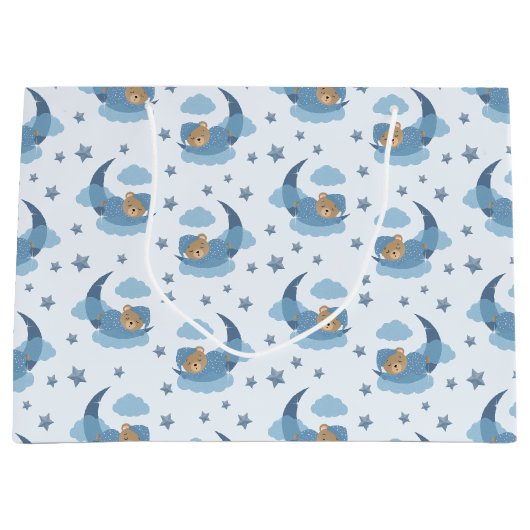 Blue Sleeping Baby Bear auf Mondwolken & Sternen Große Geschenktüte (Vorderseite)
