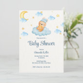 Blue Sleepy Bear Baby Dusche Einladung (Stehend Vorderseite)