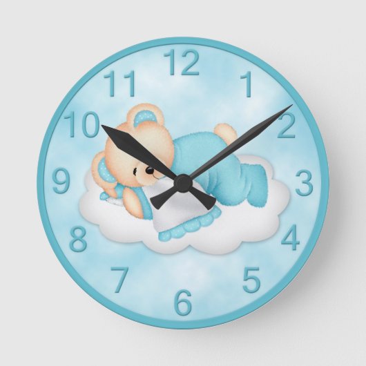 Blue Sleepy Bear Clock Runde Wanduhr (Vorderseite)