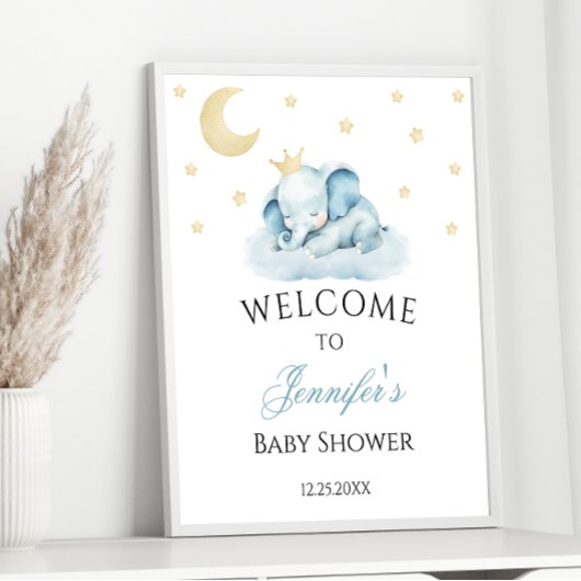 Blue Sleepy Elephant Baby Boy Dusche Willkommen Poster