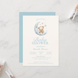 Blue Sleepy Teddy Bear Boy Baby Dusche Einladung