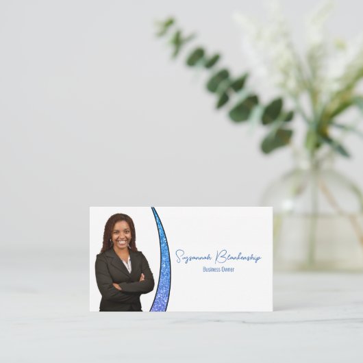 Blue Sliver von Imitaten Glitzer Berufliches Foto Visitenkarte (Stehend Vorderseite)