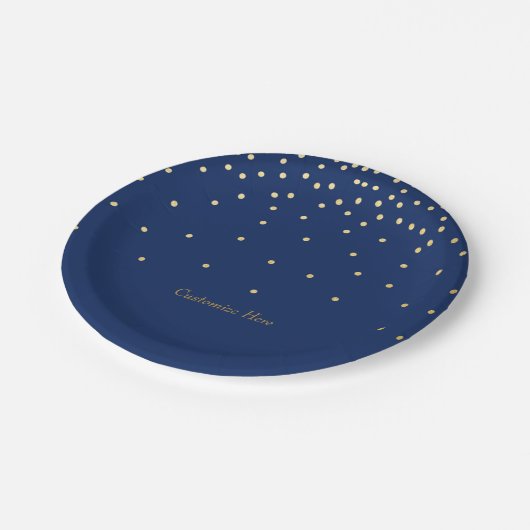 Blue & Small Gold Foil Confetti Dots Party Teller (Schrägansicht)