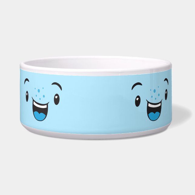 Blue Smiling Kawaii Face Dog Bowl Napf (Vorderseite)