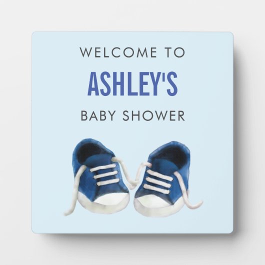 Blue Sneakers Baby Dusche Begrüßungsschild Plaque Fotoplatte (Vorderseite)