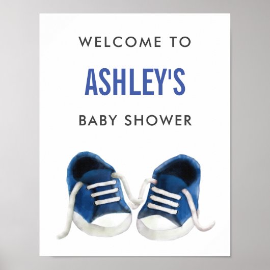 Blue Sneakers Baby Dusche Begrüßungszeichen Plakat (Vorne)