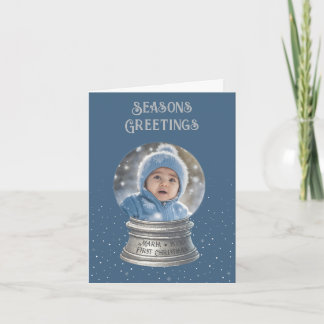 Blue Snow Globe Photo Flat Holiday Card Feiertagskarte