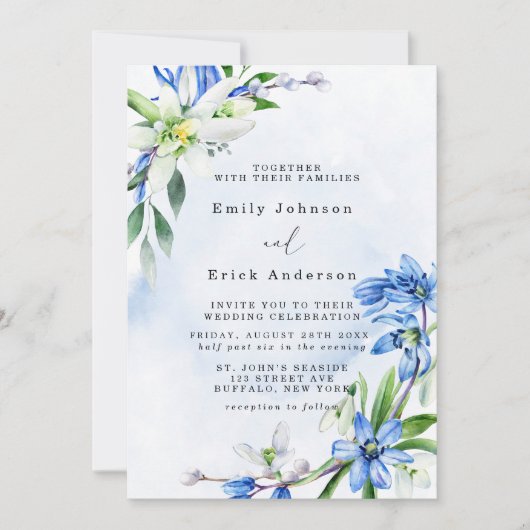 Blue Snowdrops Scilla Spring Floral Wedding Einladung (Vorderseite)