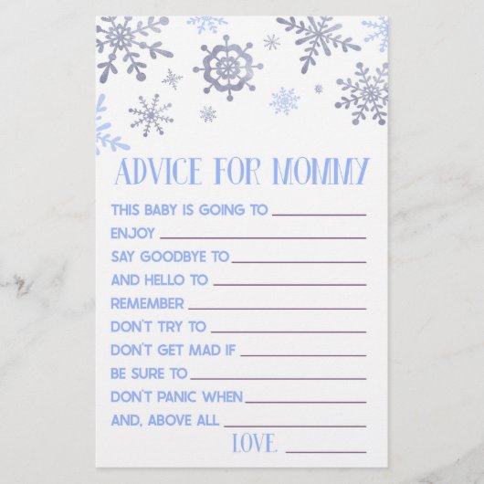 Blue Snowflake Advice Baby Showspiel Aktivität Briefpapier (Vorderseite)