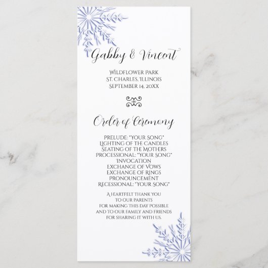 Blue Snowflake auf dem White Winter Wedding Progra Programm (Vorderseite)
