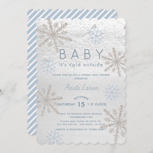 Blue Snowflake Baby seine kalte Virtual Baby Dusch Einladung (Vorne/Hinten)