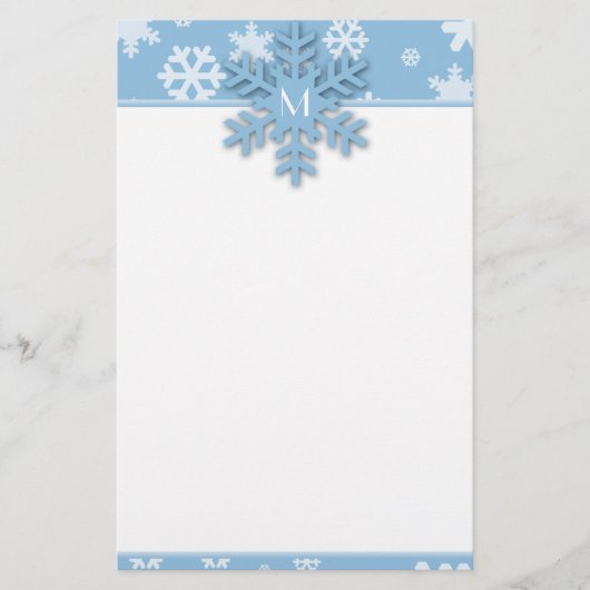 Blue Snowflake Border mit Mit Monogramm Schneefloc Briefpapier (Vorderseite)