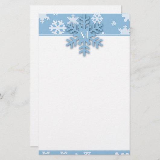 Blue Snowflake Border mit Mit Monogramm Schneefloc Briefpapier (Vorne/Hinten)
