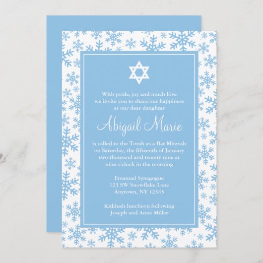 Blue Snowflake Border Star von David Bat Mitzvah Einladung (Vorne/Hinten)