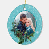 Blue Snowflake Evergreen Frame Foto Keramik Ornament (Links)