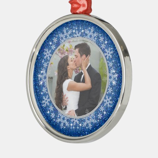 Blue Snowflake First Christmas Together Foto Ornament Aus Metall (Links)