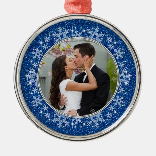 Blue Snowflake First Christmas Together Foto Ornament Aus Metall (Vorne)