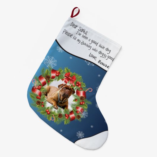 Blue Snowflake FOTO FRAME für das Foto Ihres Hunde Großer Weihnachtsstrumpf (Vorderansicht (hängend))